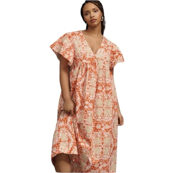Anthropologie Maeve Geometric Short Flutter-Sleeve Babydoll Dress Pink Large NWT - Picture 3 of 15